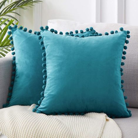 Pcs Housse de Coussin en Taie d'oreiller Decorative Boule Fourrure Couleur Paon 2 Velours Bleu (1/5)