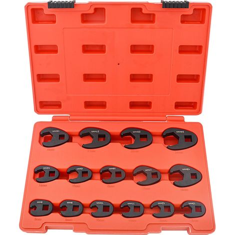 Gunpla Jeu 15pcs de Clés à Pied de Biche, Clé à Ecrous Evasés Métriques de 8-24mm Extrémité Ouverte en Chrome Molybdène 3/8" et 1/2" d'Extension à Cliquet Outils a Pied de Corbeau Pour Réparations