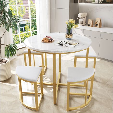 Conjunto de mesa y sillas de 80 cm, 1 mesa y 4 sillas, MDF y metal blanco y dorado HAVRYA (1/5)