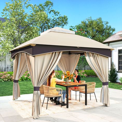 Gazebo jardin en acier double toit rideaux - Dimensions: 3x3 m - Couleur: Gris, Beige