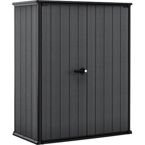 Dmora - Armadio da esterno Fuscaldo, Mobile outdoor, Mobiletto giardino multiuso, Contenitore per balcone o garage, 140x74 h170 cm, Grigio scuro (1/4)
