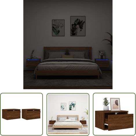 The Living Store Wand-Nachttische mit LED-Leuchten 2 Stk. Braun Eichen-Optik - Wand-Nachttisch - Holzwerkstoff Möbel - Nachttisch Mit Beleuchtung - LED-Nachttisch - Wohnzimmer Dekoration (1/5)
