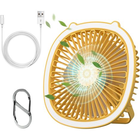 Ventilateur portable, silencieux, 3 vitesses, lumière LED, compact, jaune (1/5)