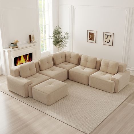 Sofá esquinero modular (295x295x69 cm), acolchado, asiento profundo, tejido de pana, beige (1/5)