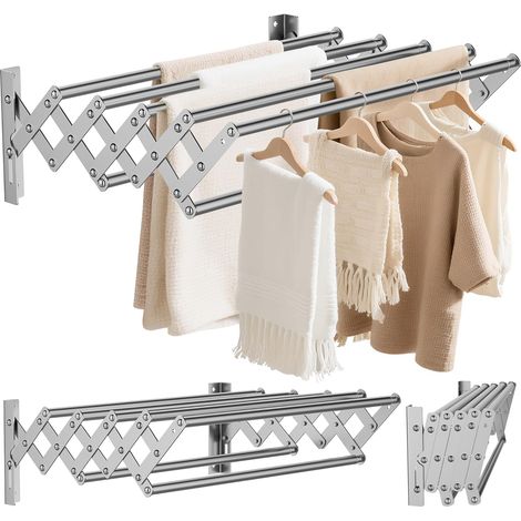 Étendoir à Linge Mural Pliable, Séchoir à Linge Mural en Acier Inoxydable avec 7 Tiges, Largeur Rétractable: 42-80CM, Porte-Serviettes Suspendu pour Buanderie Salle de Bain, Petit (Argent) (1/5)