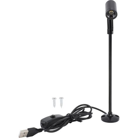 Lampe spot LED aluminium à pied pour vitrine - Spotlight mini pour bijoux et collections - USB 5V Noir - Hauteur 21cm