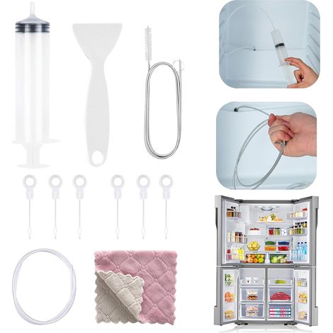 11 Pièce Kit Nettoyage Frigo, Réfrigérateur Produits et Accessoires de Nettoyage, Brosse Nettoyage, Brosse Déboucheur de Canalisation Réutilisables avec Tuyau, Pelle de Dégivrage, Seringue (1/5)
