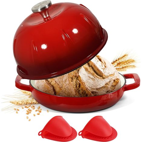 Enameled Cast Iron Sourdough Bread Dutch Oven with Domed Lid - with Silicone Handle - Cherry Red 5L (1/5)