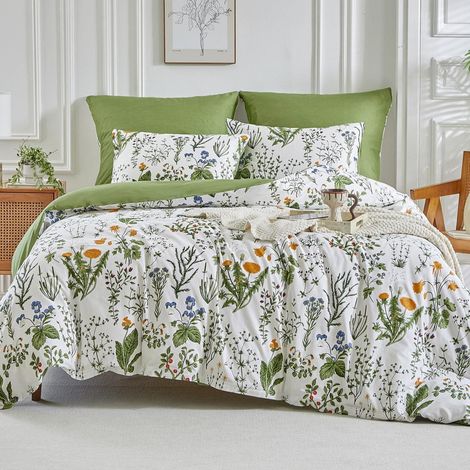 Bettwäsche-Set 3-teilig Baumwolle mit Blattmotiv 240x220cm Grün/Weiß