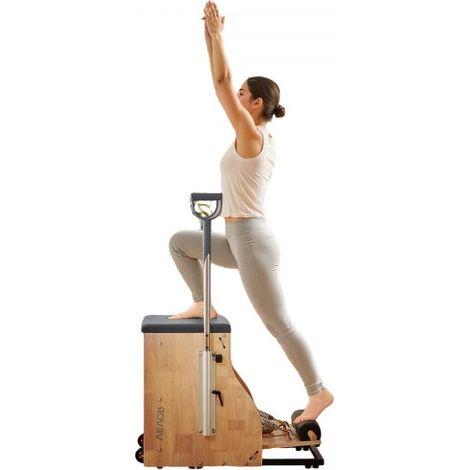 Chaise de Pilates à Pédales Séparées avec Poignées, Chaise Combo Stabilité avec Cadre en Bois d'Hévéa, Équipement d'Entraînement de Pilates Réglable, Entraîneur de Yoga pour Gym Domicile (1/3)