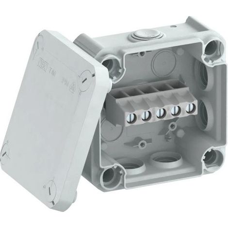 OBO Bettermann Caja de derivación de cables con regleta de bornes + entradas 114x114x57 polipropileno gris claro RAL 7035, 2007434
