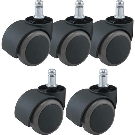 5 roulettes pour fauteuil de bureau, revêtement caoutchouc, diamètre 50 mm, tige 11 mm, sol dur, noir/gris
