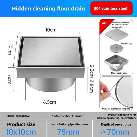 (Silver 10X10-6.5)304 Stainless Steel Straight Cleaning Port, Drainage Pipe, Ground Inspection Port, Sealed Large Displacement Floor Drain (1/4)