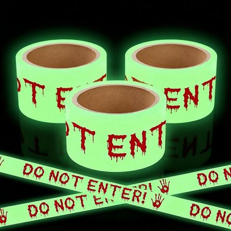 3 rouleauxRuban de signalisation d'Halloween phosphorescent, rouleau de 5 cm x 5 m (2 po x 16,4 pi)  Rubans d'avertissement effrayants pour barrières extérieures et intérieures, décoration de sécurité (1/5)