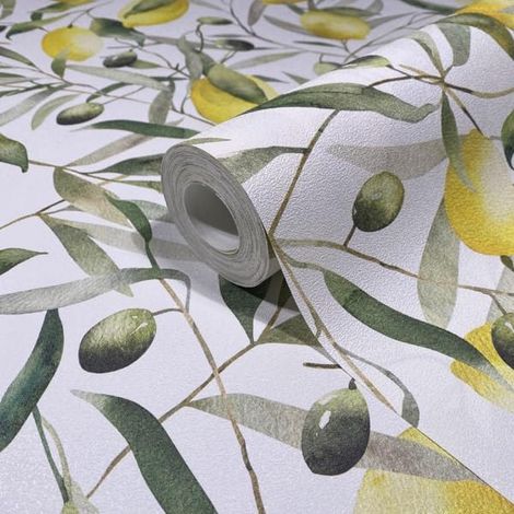 marburg Carta da parati autoadesiva bianco, verde, giallo, foglie floreali, motivo piante per pareti e mobili, 6,00 x 0,53 m, made in Germany (1/5)