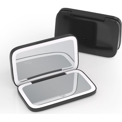 Miroir de Maquillage Pliable avec Loupe 5X Mini Miroir de Courtoisie Carré Chargement USB Portable Double Face Miroir de Poche Compact, Noir (1/5)