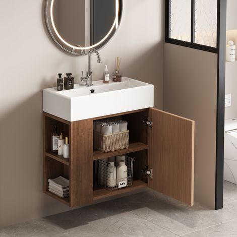 Meuble sous vasque suspendu 55x31x65 cm, Rangement Salle de Bain avec Vasque Céramique Haute Brillance, Placard et Étagères Latérales, MDF Laqué Blanc, sans robinet (1/5)
