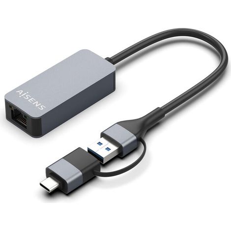 Adaptador USB 3.2 Gen1 Aisens A109-0710/ USB Macho - USB Tipo-C Macho - RJ45 Hembra/ 2500Mbps/ 15cm/ Gris (1/4)