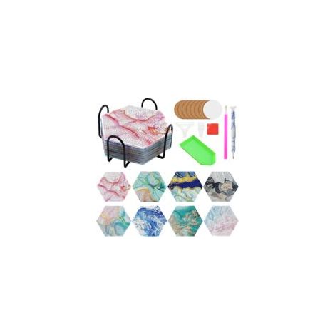 Dessous de verre pour peinture diamant, lot de 8 avec support et stylo à peinture diamant, dessous de verre décoratifs avec outils, kit d'art diamant pour adultes, enfants et débutants (marbre) (1/5)