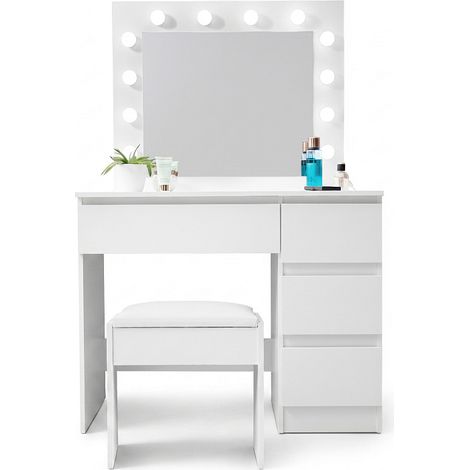 Aga Schminktisch mit Spiegel 12 LED Glühbirnen und gepolsterter Hocker Weiß matt (1/4)