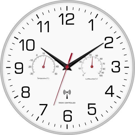 Horloge murale radio-pilotée silencieuse avec thermomètre et hygromètre - 30 cm - Sans bruit de tic-tac - Pour salon, cuisine, bureau - Plastique (1/5)