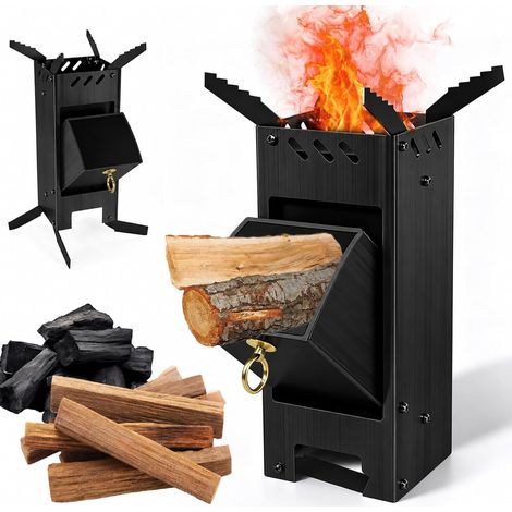 Poêle à fusée avec plaque de cuisson - Grand poêle Rocket Stove avec crochet de feu - 2 pieds supplémentaires - Système d'emboîtement en acier massif de 3 mm d'épaisseur - Poêle à bois d'extérieur (1/5)