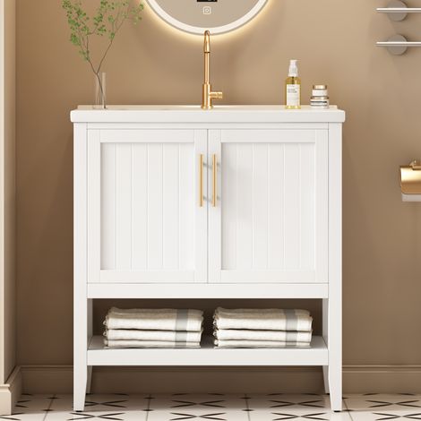 Meuble sous-vasque 80 cm avec vasque céramique blanche, meuble simple salle de bain, rangement pratique, finition laquée, design moderne, ensemble complet (1/5)
