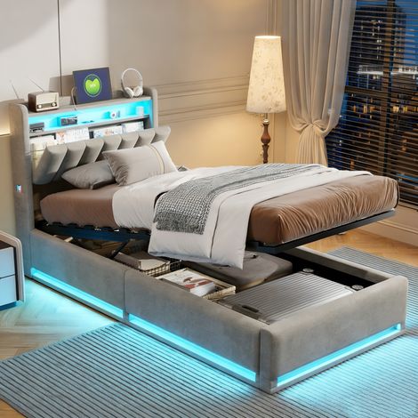 Lit coffre 90x200, lit 90x200 avec sommier à lattes, lit adulte, lit simple, rangement dans la tête de lit, LED réglable, ports USB et Type-C, velours, gris (1/5)