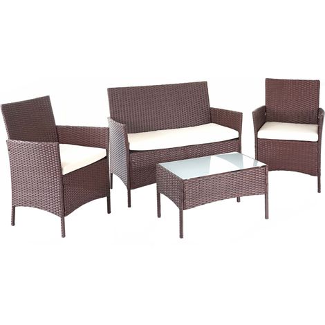 Poly-Rattan Garten-Garnitur HHG-502, Sitzgruppe Lounge-Set braun-meliert mit Kissen creme