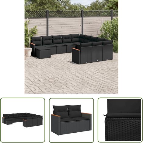 The Living Store Salon de jardin 12 pcs avec coussins noir résine tressée - Salon De Jardin - Mobilier Extérieur - Set Salon - Résine Tressée - Rotin Synthétique (1/5)