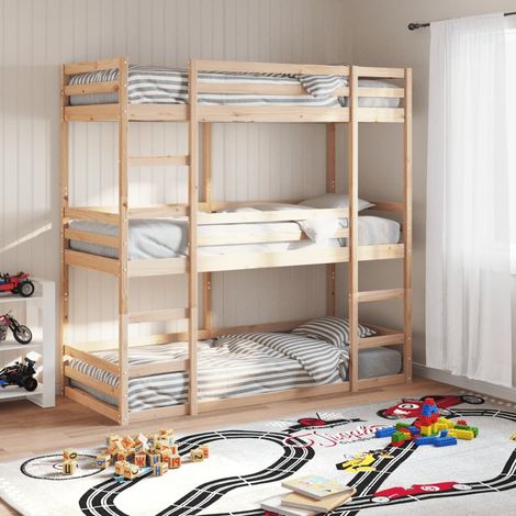 Vidaxl – Lit superposé triple 80x200 cm en bois de pin massif – Garde-corps de sécurité – Échelle d'accès pratique – Dimensions totales 205,5 x 87,5 x 203 cm (1/6)
