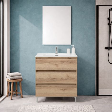 Mobile bagno a terra 80 cm in quercia naturale con lavabo e specchio Leda (1/5)
