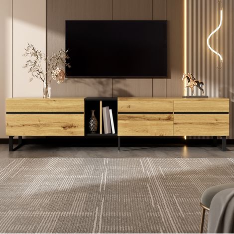 Meuble TV 180x38x45 cm couleur bois en panneau de particules avec rangement à abattant et portes (1/5)