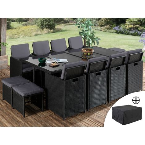Bestmobilier – Salon de jardin encastrable 12 places – résine tressée noire – coussins déhoussables gris – housse de protection incluse