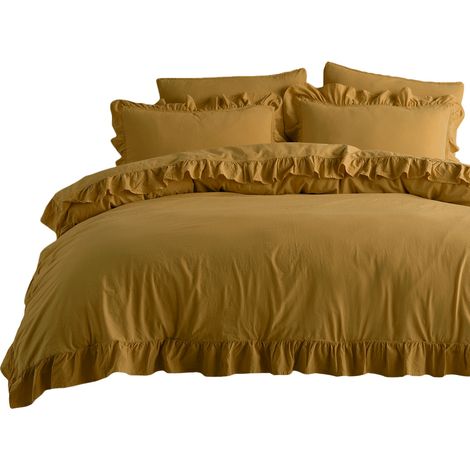 Bettwäsche-Set 220x200 cm, 100 % gekräuselte Baumwolle mit Rüschen, olivgrün (1/5)