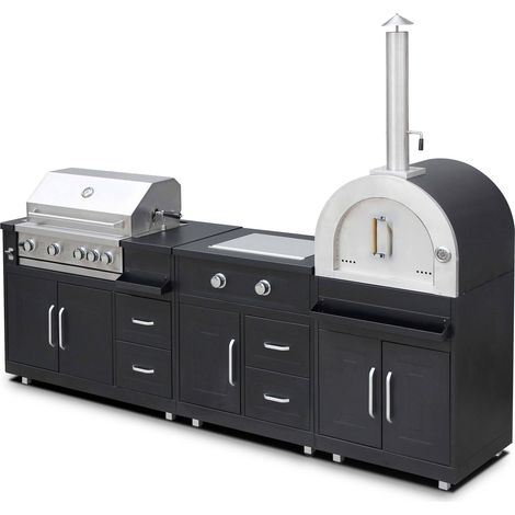 Oviala – Cuisine d'extérieur 3 modules de cuisson en acier inoxydable – Barbecue 4 brûleurs avec rôtissoire – Four à pizza 207 cm – Gazinière 2 brûleurs