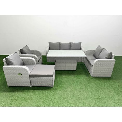 Fimous PE Rattan Garden Furniture Set Reclining Chair Sofa Double Love Seat 2 Seater Sofa Lounge Set Adjustable Lifting Dining or Coffee Table Big Footstool Light Grey (1/5)