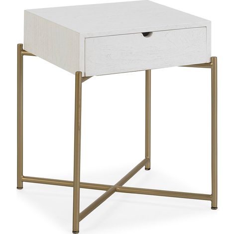 Table de chevet blanche en bois de cèdre et métal doré design - blanc bois de cèdre et doré (1/4)