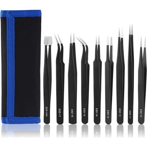 Kit de 9 Pince Brucelles de Précision ESD en Acier Inoxydable, Pince de Précision pour Électronique, Bijoux, Modélisme et Épilation Haute Précision