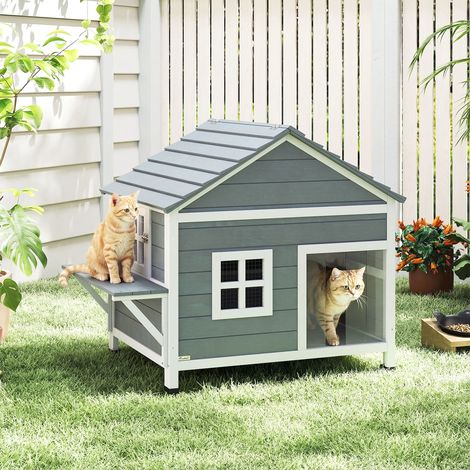 Niche pour chat en bois, niche à deux étages avec toit à charnières étanche, plateforme latérale, 101 x 72,5 x 81 cm, grise (1/5)