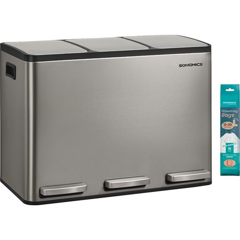 Poubelle de Cuisine 3 x 15 L, Corbeille de Tri 3 Compartiments, avec 15 Sacs Poubelle, Seaux Amovibles, avec Couvercle, Poignées, Fermeture en Douceur, en Acier Inoxydable, Argent LTB145EZ01 (1/5)