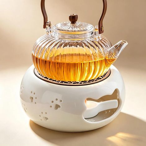 Chauffe-théière en céramique avec bougeoir - Réchaud pour théière - Design Creux en Forme de Patte de Chat - Support à thé Blanc - Idéal pour Garder Le thé et Le café au Chaud (1/5)