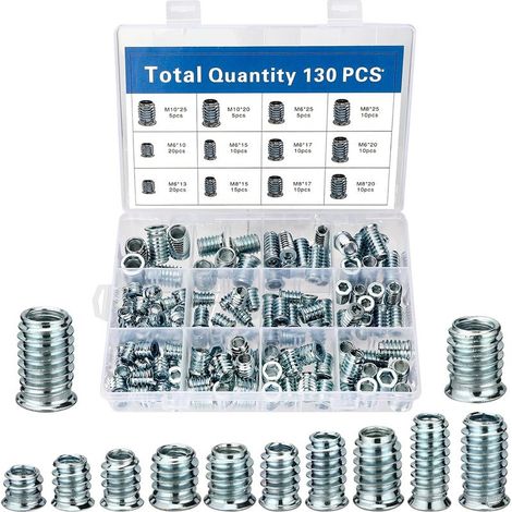 Kaelt - Aougo – Kit de 130 inserts filetés M6/M8/M10 en acier galvanisé – Résistance à l'usure et à la rouille – Pour meubles en bois et connexions solides (1/5)