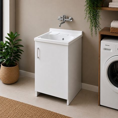 Mobile lavatoio 45x50 cm bianco con 1 anta completo di vasca in resina e kit sifone (1/5)