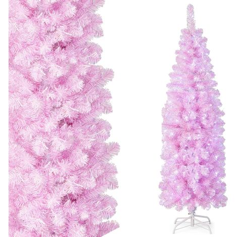 COSTWAY Albero di Natale Artificiale Pre-Illuminato da 180 CM, Albero di Natale Slim Rosa con 475 Rami, 250 Luci LED, Base Pieghevole in Metallo, Decorazione Natalizia per Casa Ufficio Feste (1/5)