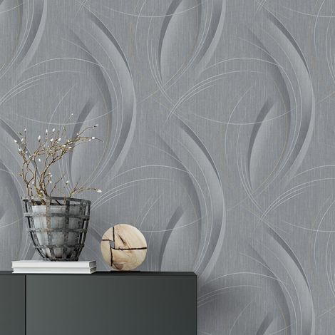 Papier peint moderne à motif abstrait pour couloir | Tapisserie graphique grise & blanche | Papier peint tendance gris motif géométrique (1/4)