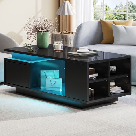Couchtisch 100 x 50 x 36 cm aus Spanplatte, schwarz, mit LED und Stauraum – MEUBLIV (1/5)