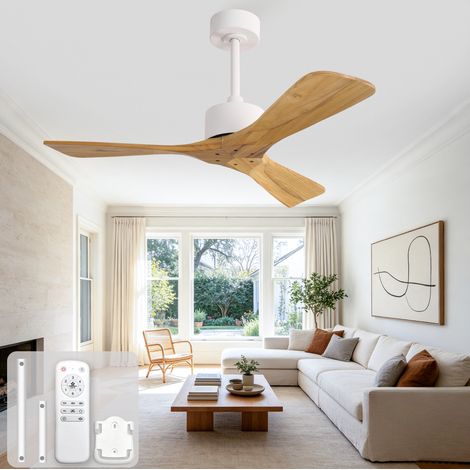 Ventilatore da soffitto 42 pollici senza luce, 3 pale in legno naturale, telecomando, bianco (1/5)