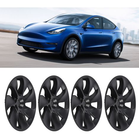 (T04) (Video verfügbar) 4 mattschwarze asymmetrische Radkappen für 19-Zoll-Felgen des Tesla Model Y 2020-2023 (Cyclone-Stil, unmarkiert) (1/5)