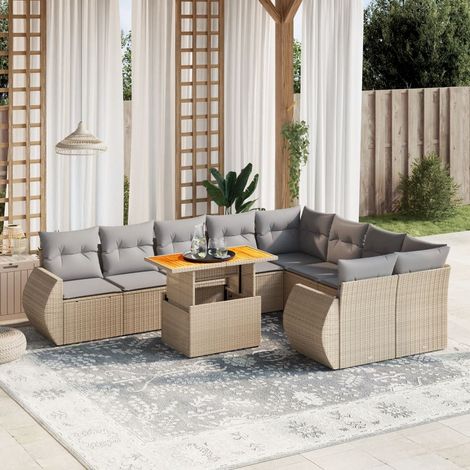 Salon de Jardin 10 Pièces en Résine Tressée Beige avec Coussins Gris - Table Réglable Hauteur et Meubles Modulables (1/3)